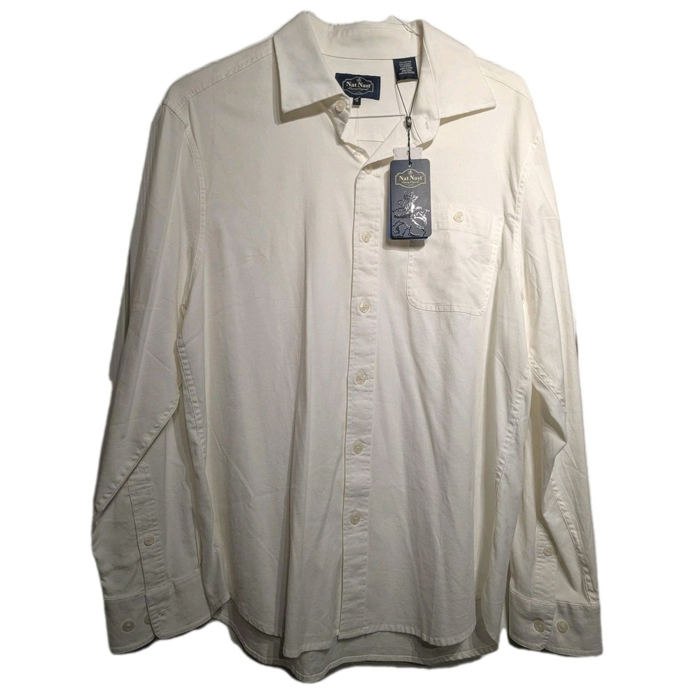 Nat Nast Shirt Men M Wht Stretch Long Sleeve Button Up Cotton/Lyocell Casual NWT